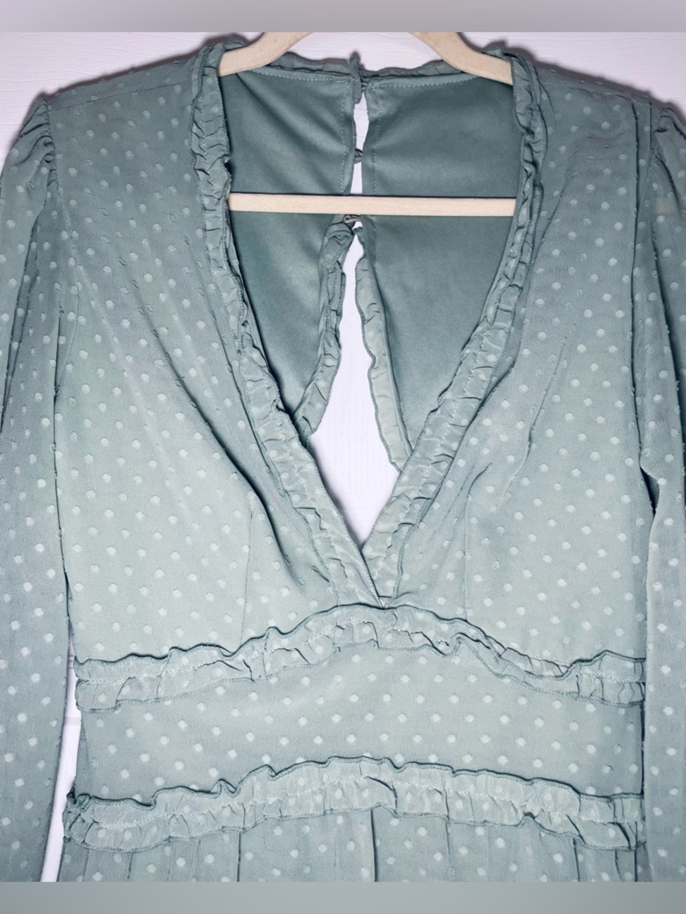 Green Long Sleeve Ruffle Layer Backless Mini Dress - Picture 6 of 9